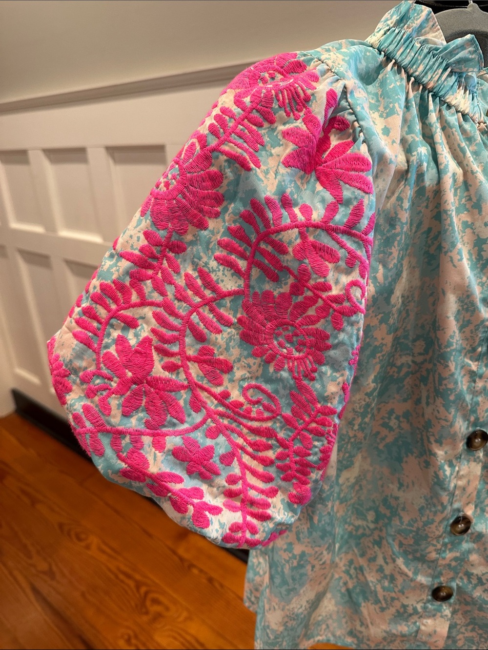 THML Aqua Tie-Dye Puff Sleeve Blouse with Pink Floral Embroidery - Picture 4 of 4